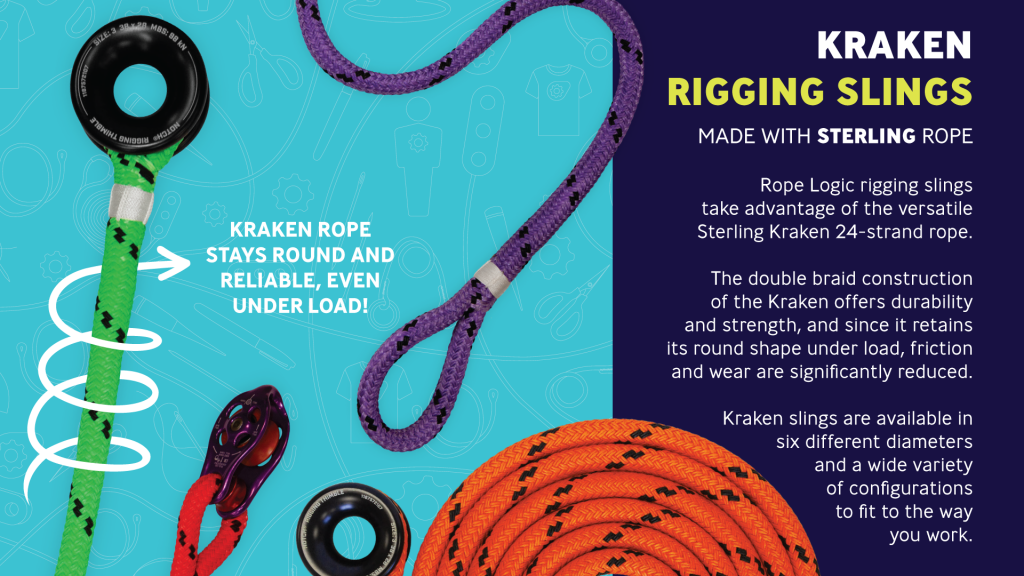 Rope Logic rigging slings
take advantage of the versatile
Sterling Kraken 24-strand rope.
The double braid construction
of the Kraken offers durability
and strength, and since it retains
its round shape under load, friction
and wear are significantly reduced.
Kraken slings are available in
six different diameters
and a wide variety
of configurations
to fit to the way
you work.